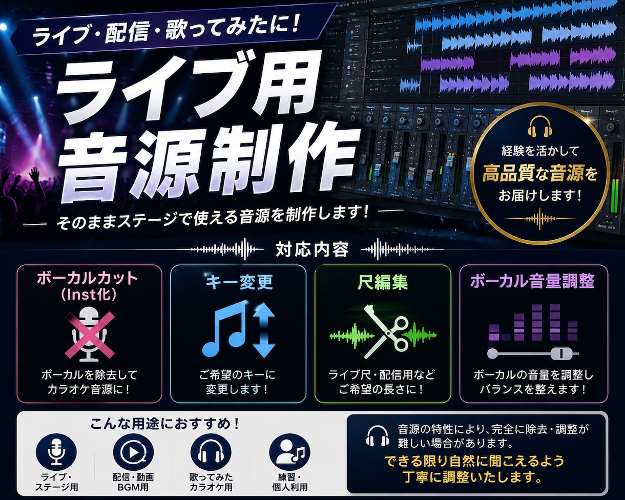 ライブ用音源・Inst制作します ライブ・配信・歌ってみた等で使用する音源を制作します！ イメージ1