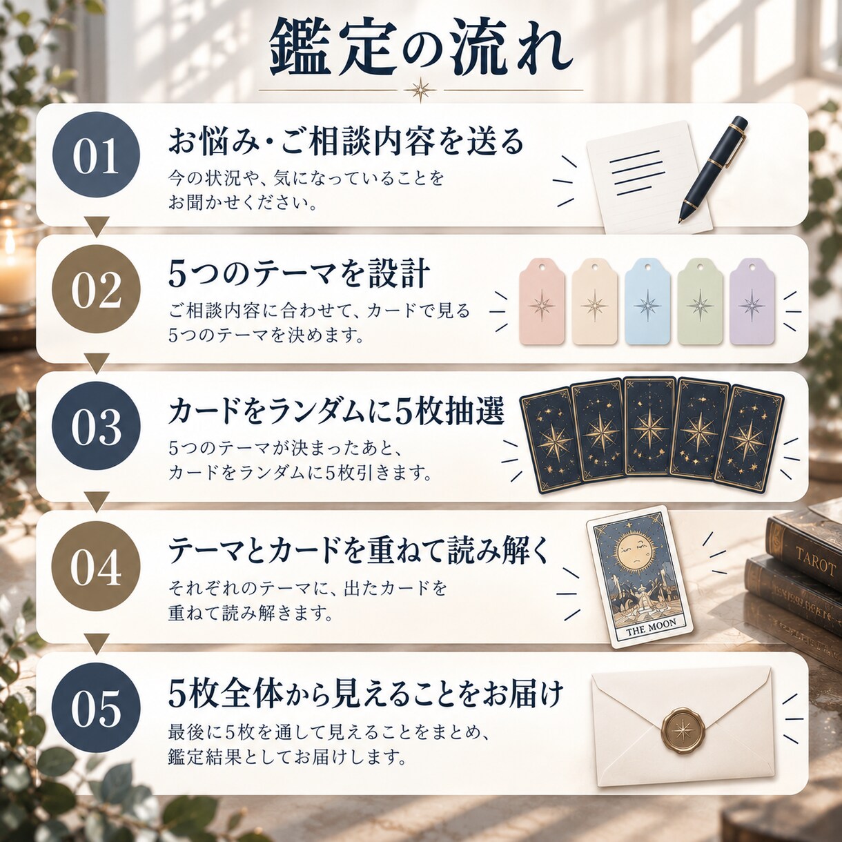お悩みに合わせた5枚のタロット鑑定をします 迷ったとき、カードからもうひとつの視点をお届けします イメージ2