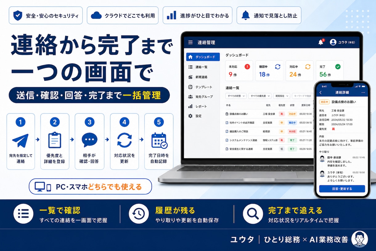 複数拠点の連絡・依頼管理アプリを構築します 送信・確認・回答・完了までWeb画面で一括管理 イメージ3
