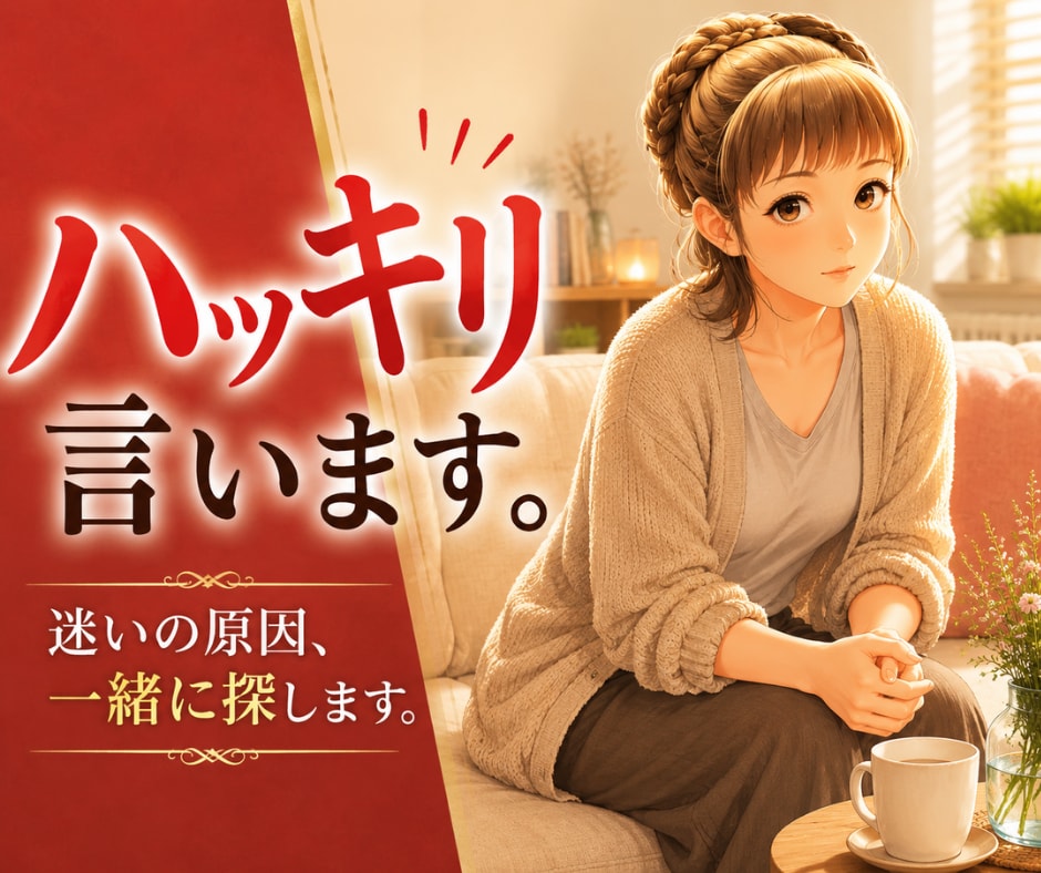 大丈夫？迷いの原因を見つけてハッキリ！お伝えします なぐさめより、本音トークでスッキリしたい方はぜひこちらまで。 イメージ1