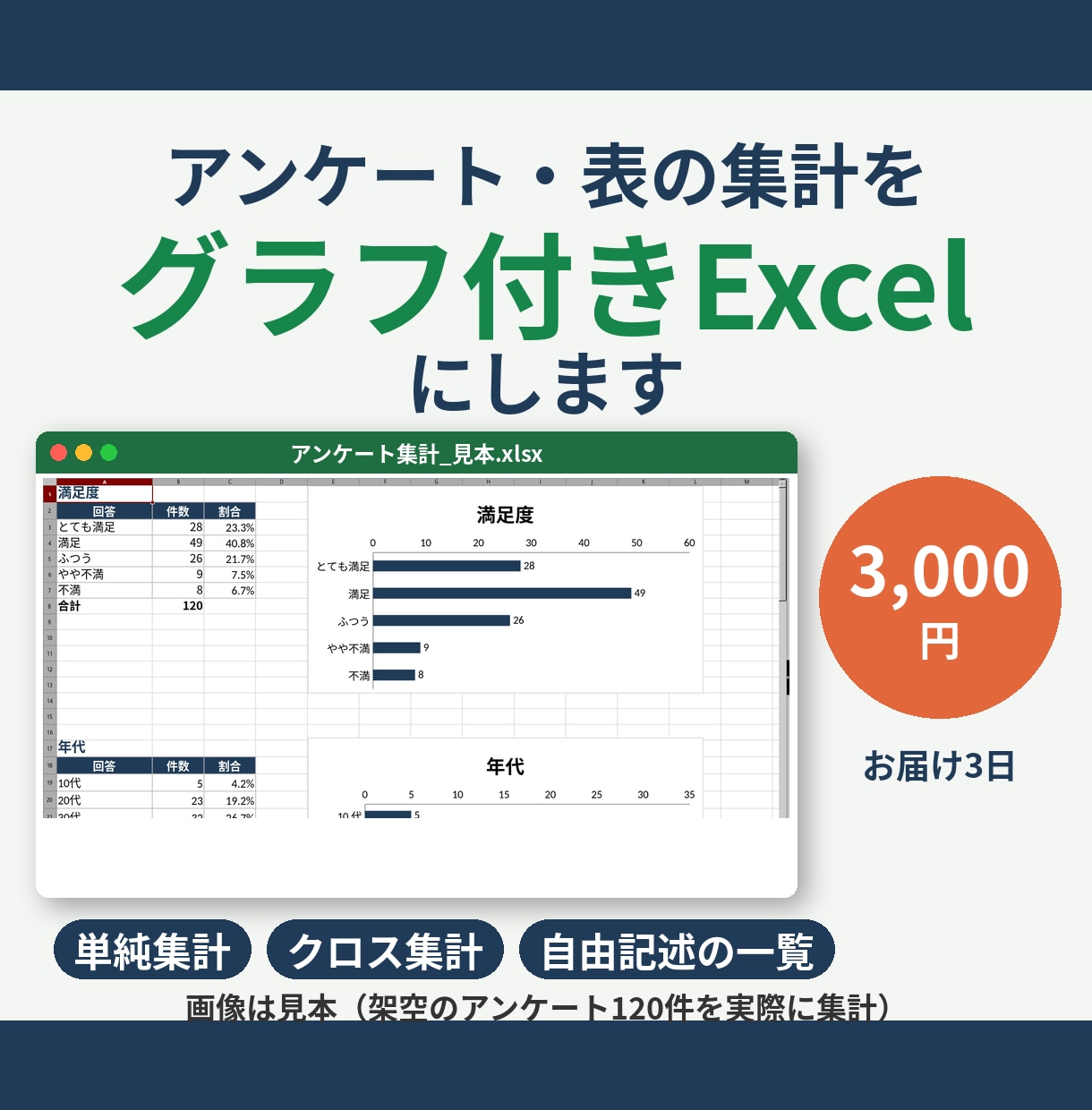 アンケート・表の集計をExcel＋グラフにします 単純集計・クロス集計・グラフまで｜Mac・Windows対応 イメージ1