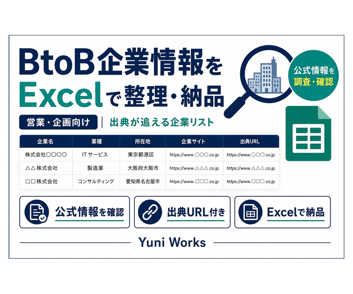 BtoB企業情報を調査しExcelに整理します 出典が追える、営業・企画向け企業リストを作成 イメージ1