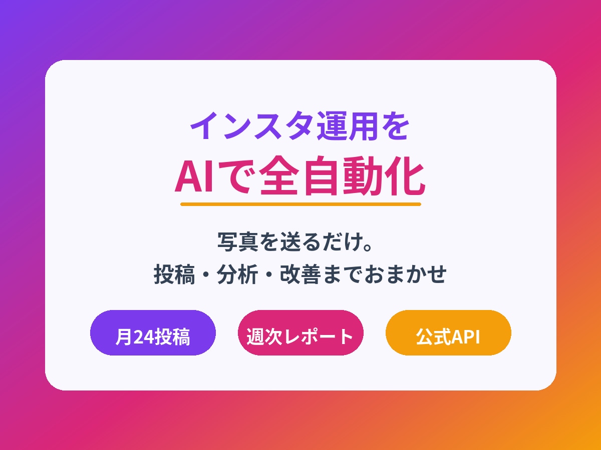 AIがインスタ運用を自動化◎投稿おまかせます 写真を送るだけ。投稿も分析もぜんぶAIにおまかせ イメージ1