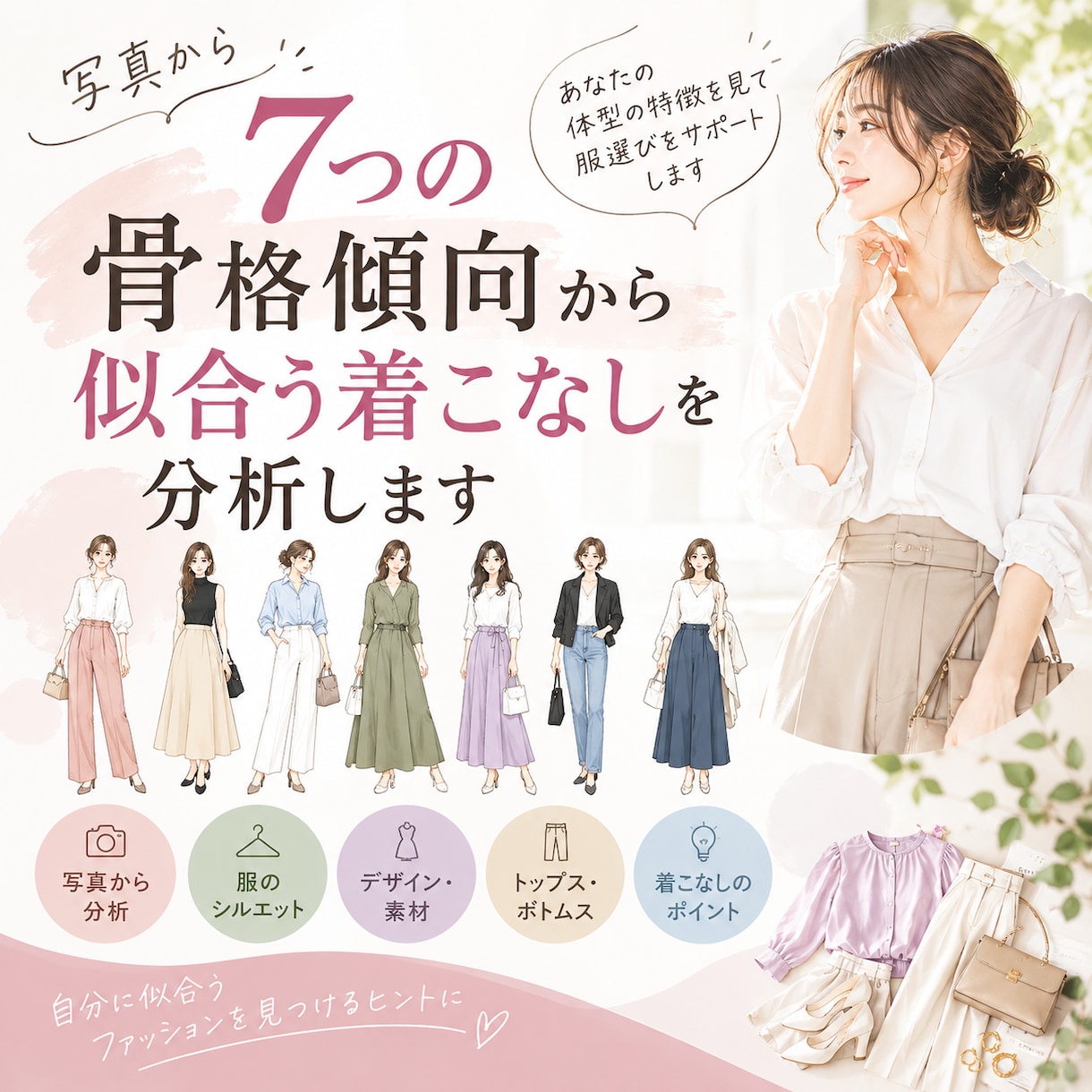 ７つの骨格傾向から似合いやすい着こなしを分析します 3タイプで悩む方へ。独自分析であなたの魅力を徹底解説 イメージ1