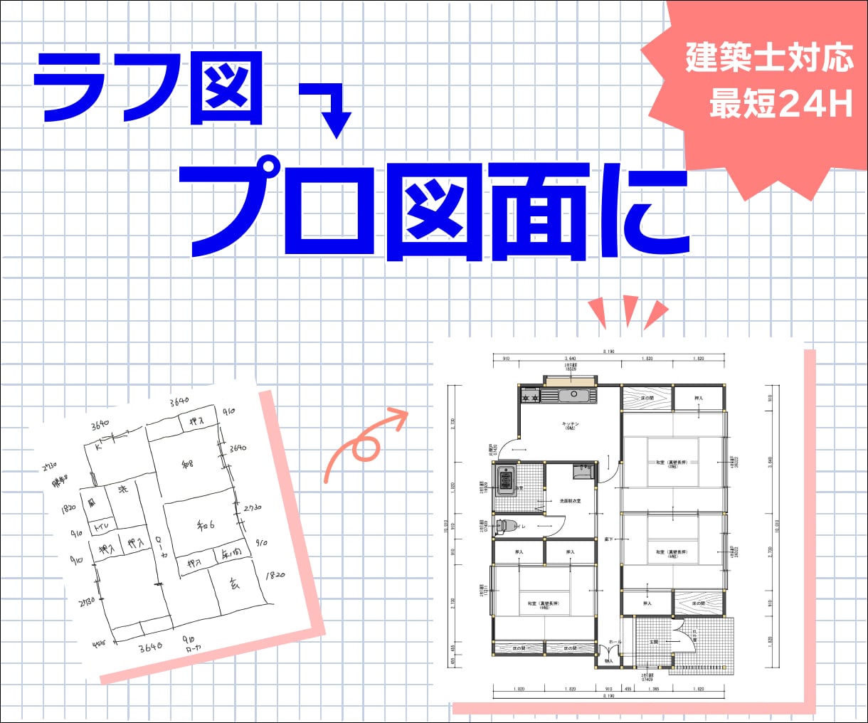 手描き図、プロ図面に仕上げます 建築士対応で実務レベルの図面に イメージ1
