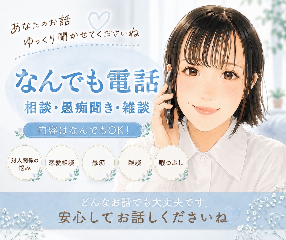 なんでも電話☘️1分からお話できます 愚痴、相談、悩み、ただただお話したい、、なんでもOKです！ イメージ1