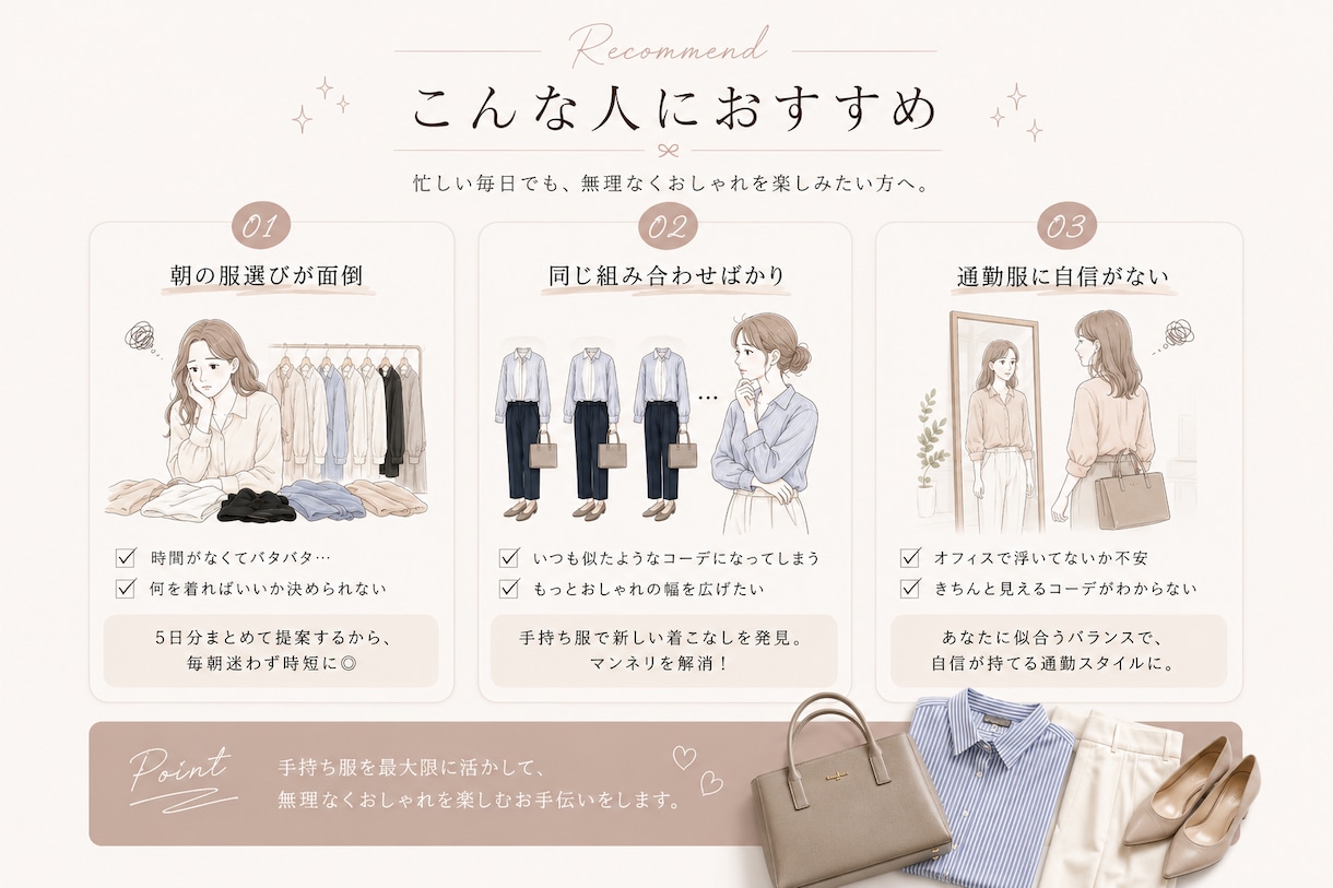 手持ち服の写真から、通勤コーデを5日分考えます 手持ち服で、毎朝迷わない通勤コーデをご提案 イメージ5