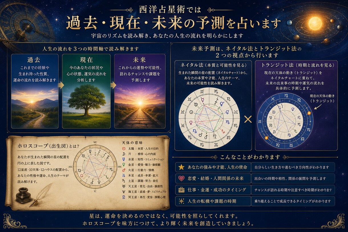 西洋占星術では過去、現在、未来の予測を占います ネイタル法とトランジット法で未来予測をホロスコープで占います イメージ1