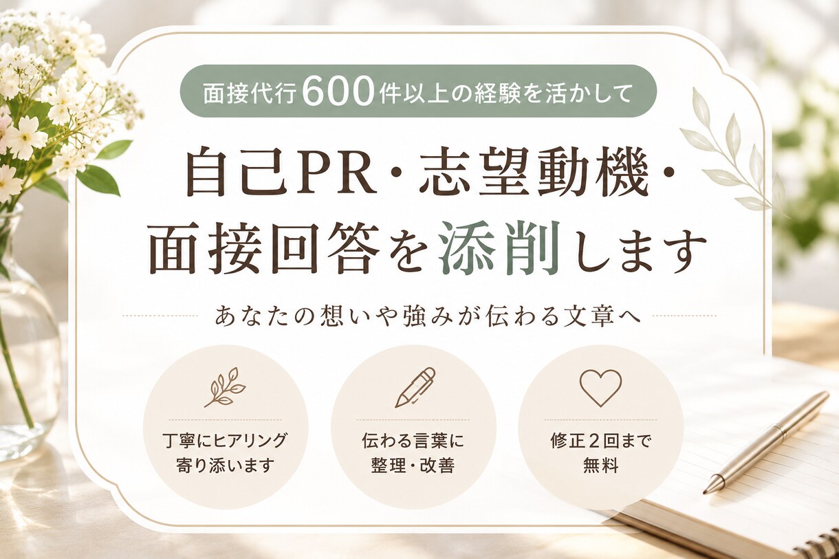 自己PR・志望動機・面接回答を添削します 600件以上の面接経験を活かし、あなたらしさが伝わる文章へ。 イメージ1