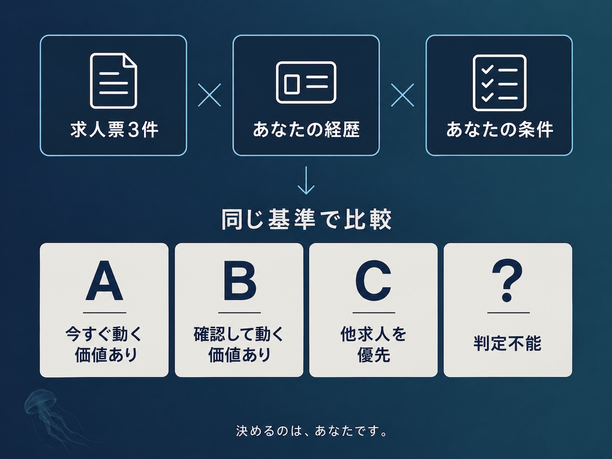 求人票3件と経歴を比較し元人事が分析します 勝ち筋・確認点・次の行動を結論→理由→根拠で整理 イメージ2