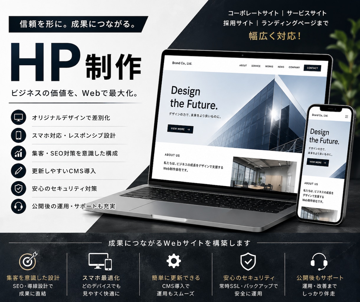 企業サイト・店舗サイトなとどの制作をします 完成イメージを、まずカタチに。参考サンプルご用意しています。 イメージ1