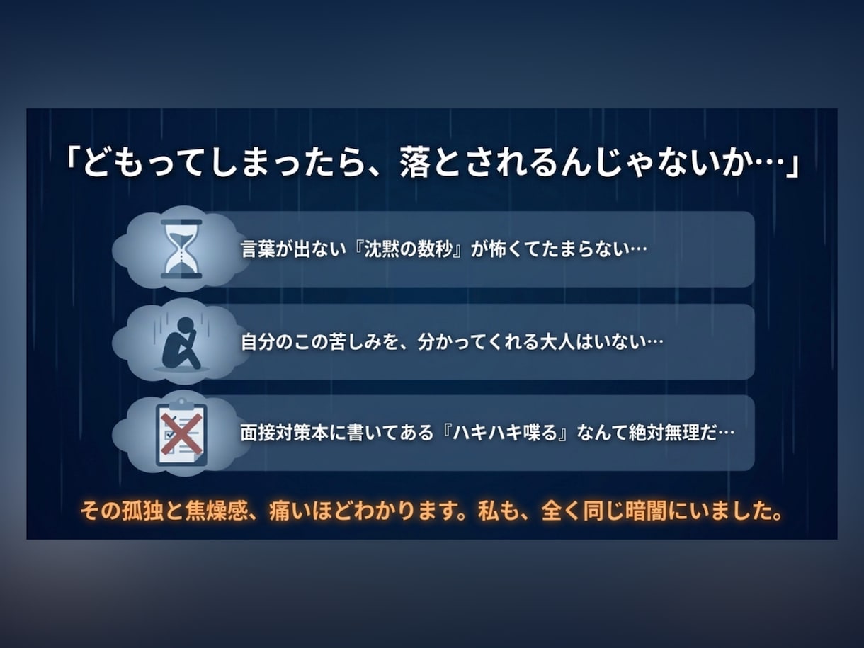 吃音を武器に内定！就活相談・模擬面接サポートします どもってもOK！自身の経験を元に、相談・模擬面接行います！ イメージ2