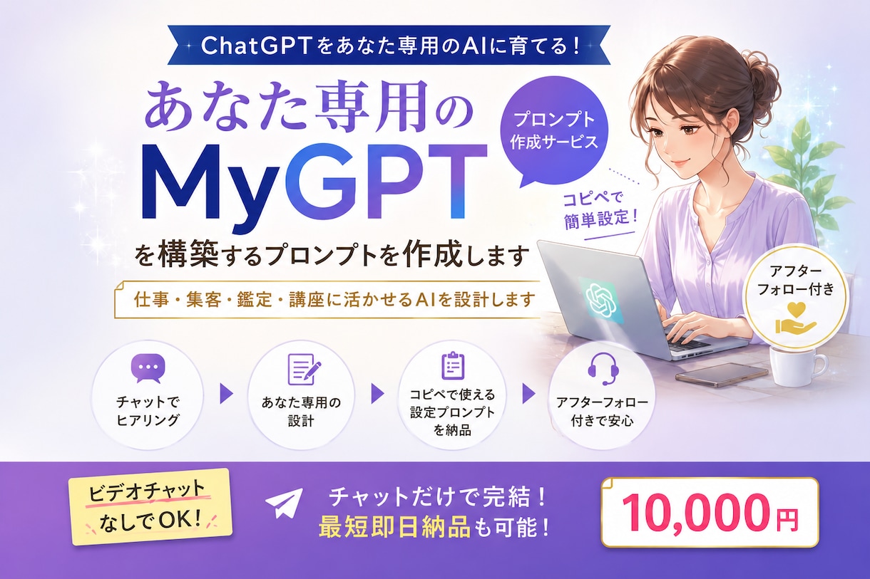 あなた専用のMyGPTを構築を支援します コピペで使える設定プロンプトを納品。アフターフォロー付きです イメージ1