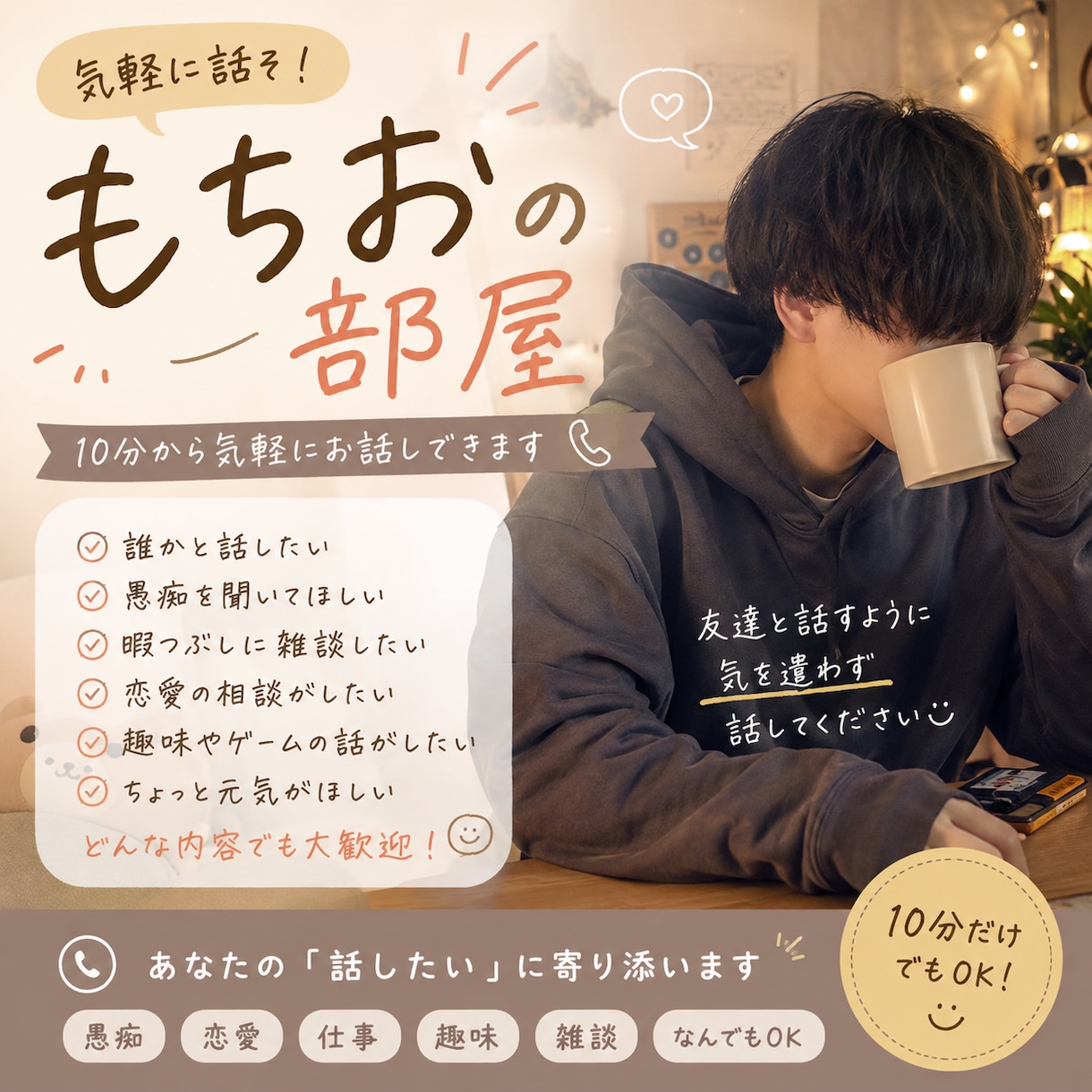 10分から気軽にお話しします！なんでも聞きます 愚痴も雑談も、どんな内容でもお気軽にどうぞ。 イメージ1