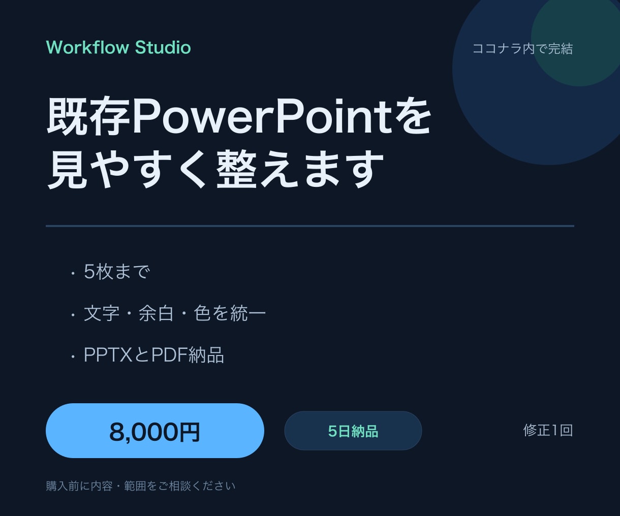 既存PowerPointを見やすく整えます 5枚まで、文字・余白・色・図形を統一します イメージ1