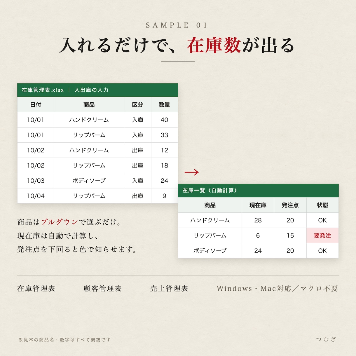 在庫・顧客・売上の管理表をExcelで作ります 月末の手集計はもう不要。入力するだけで自動集計 イメージ2