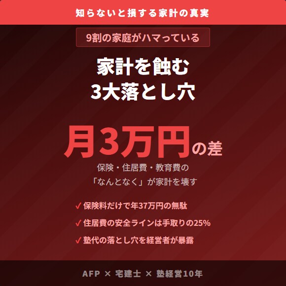 月3万円の差がつく家計の3大落とし穴を教えます 保険・住居費・教育費の落とし穴を三刀流FPが解説 イメージ1
