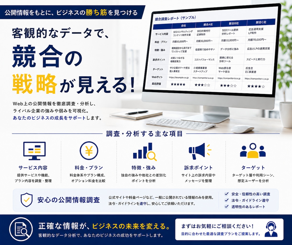 競合サイト・サービスを比較調査します 公開情報から価格・特徴・強みの違いを整理します イメージ9