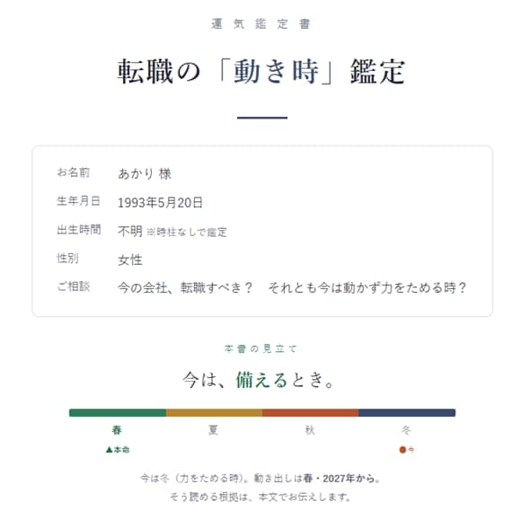 鑑定書付◆転職の"動き時"を根拠から視ます 勢いでも我慢でもなく。運気を元に"動き時"の根拠を伝えます イメージ1
