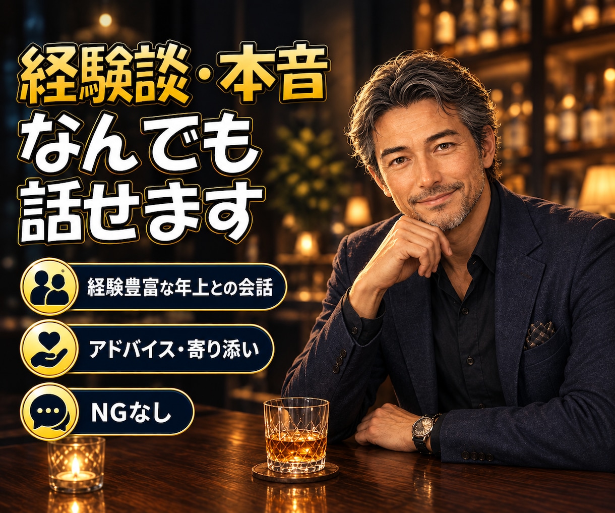 年上の豊富な経験から優しくアドバイス・お話しします ダンス・音楽・恋愛・ゲームなどの話題は好きです イメージ1