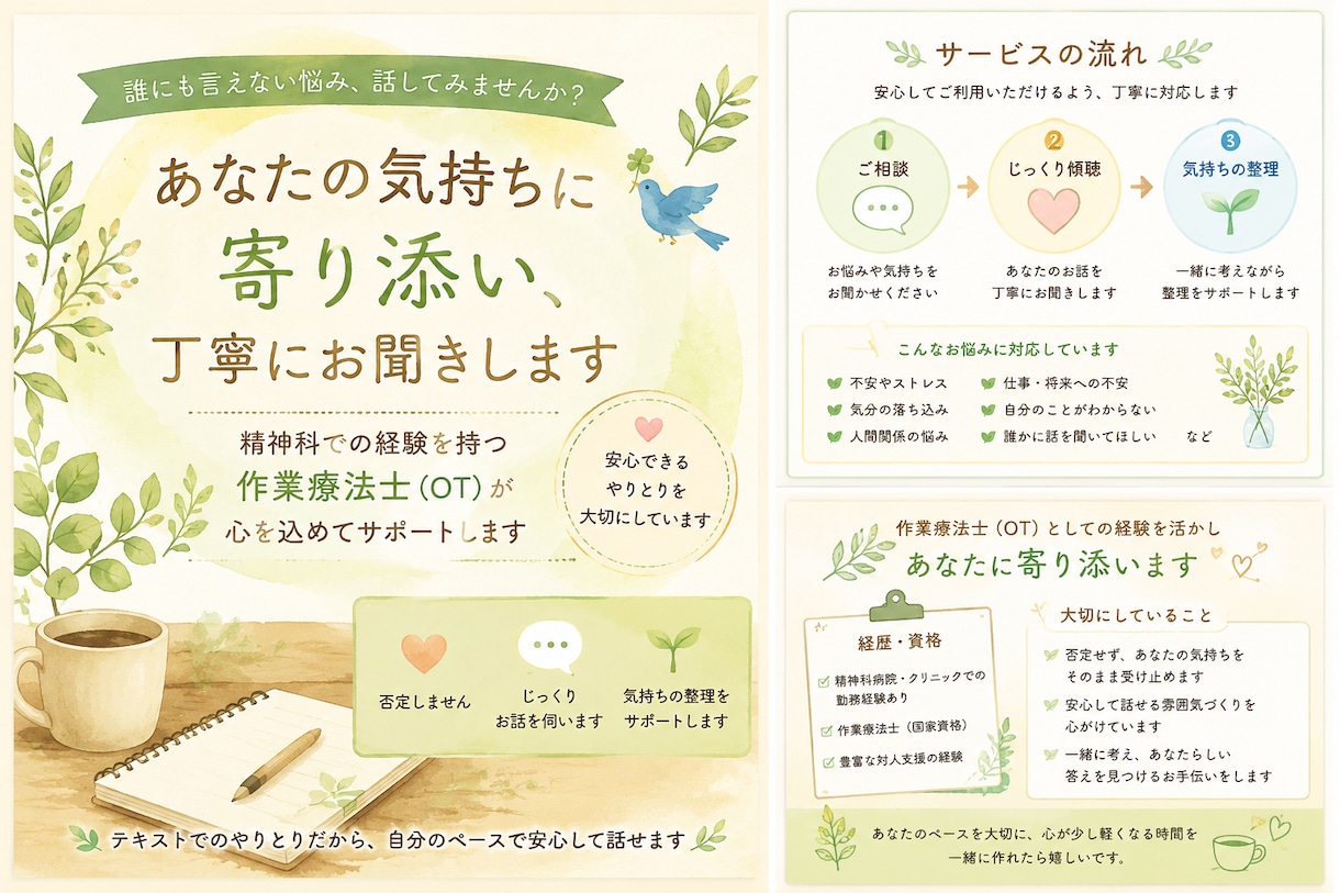 精神科作業療法士があなたの悩みを傾聴します 誰にも言えない不安や悩みを優しく受け止めます イメージ1