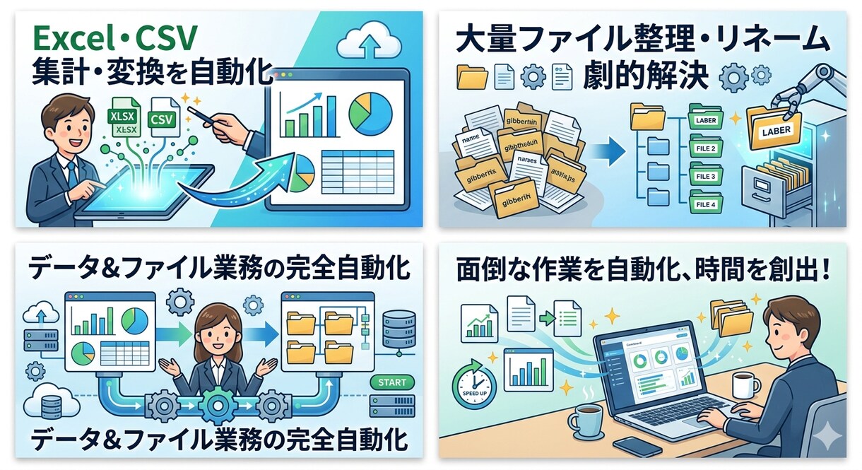 Excel・CSVデータの集計・変換・整理します 手作業のコピペ地獄から解放！データ加工をPythonで自動化 イメージ1
