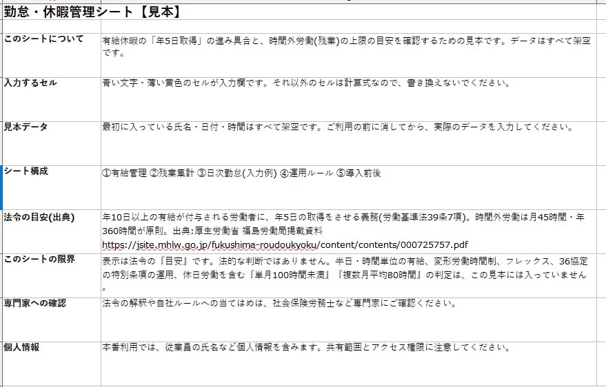 有給5日・残業上限を色で確認できる勤怠表を整えます 運用ルール説明書つき。個人情報は預かりません イメージ1