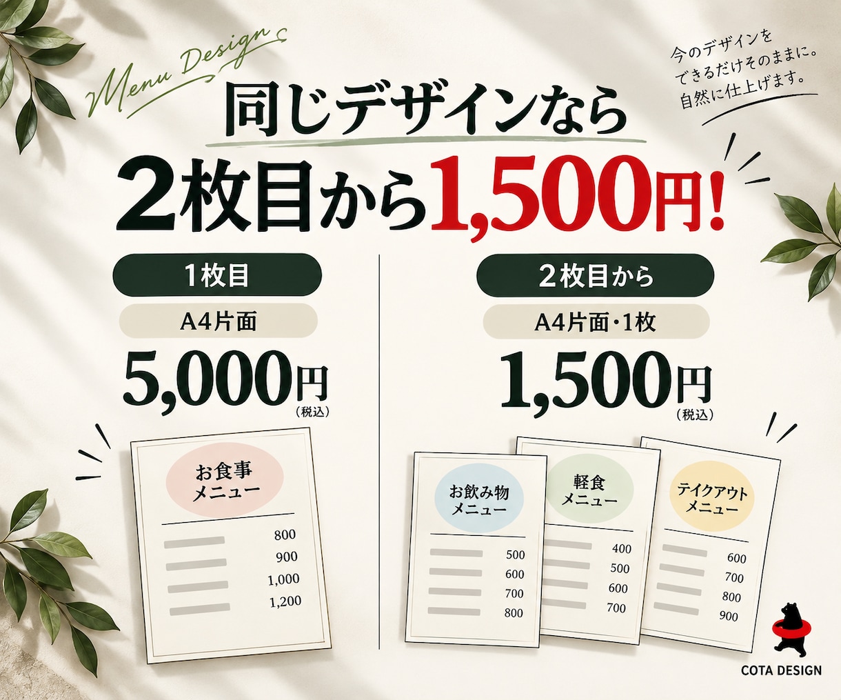 飲食店メニューの金額を修正します 写真を送るだけ。今のデザインにできるだけ近く仕上げます。 イメージ2