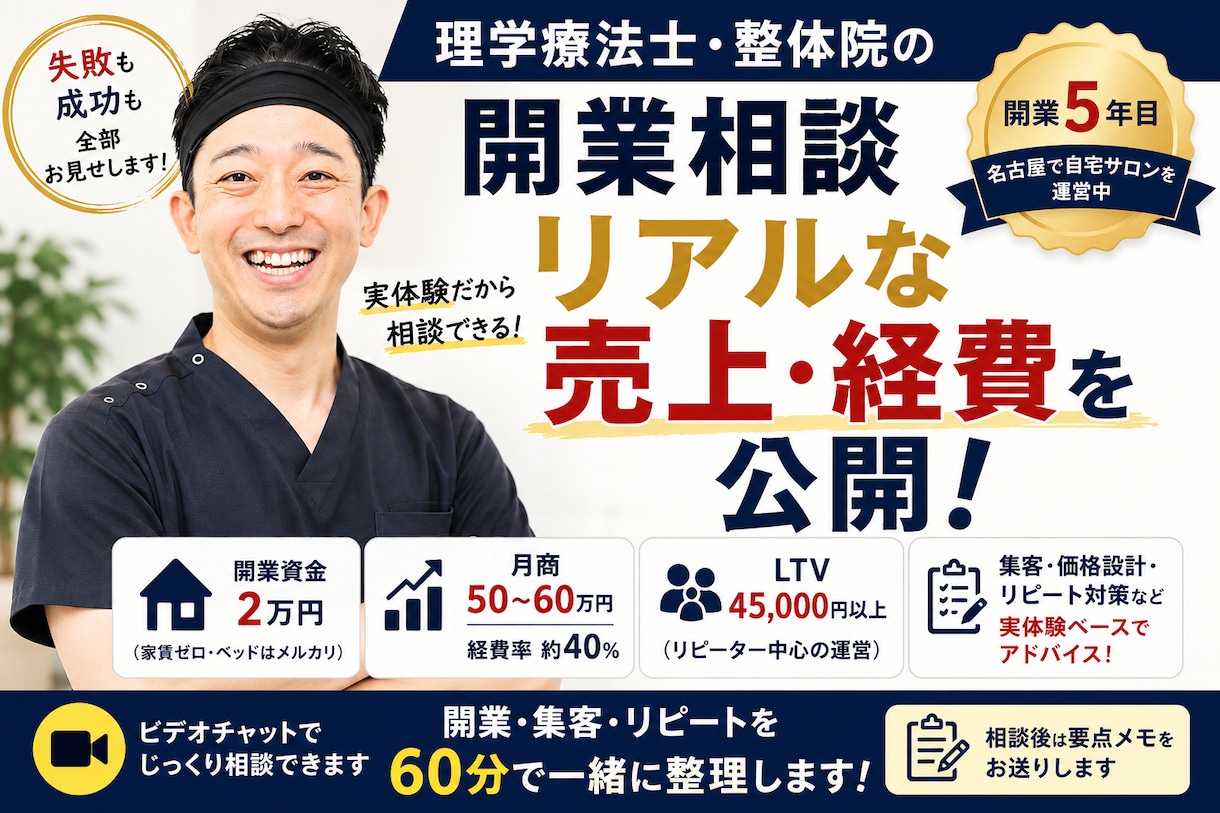 理学療法士18年が自費サロン開業の悩みに答えます 開業の実数字を全部見せて、あなたのケースで考えます イメージ1