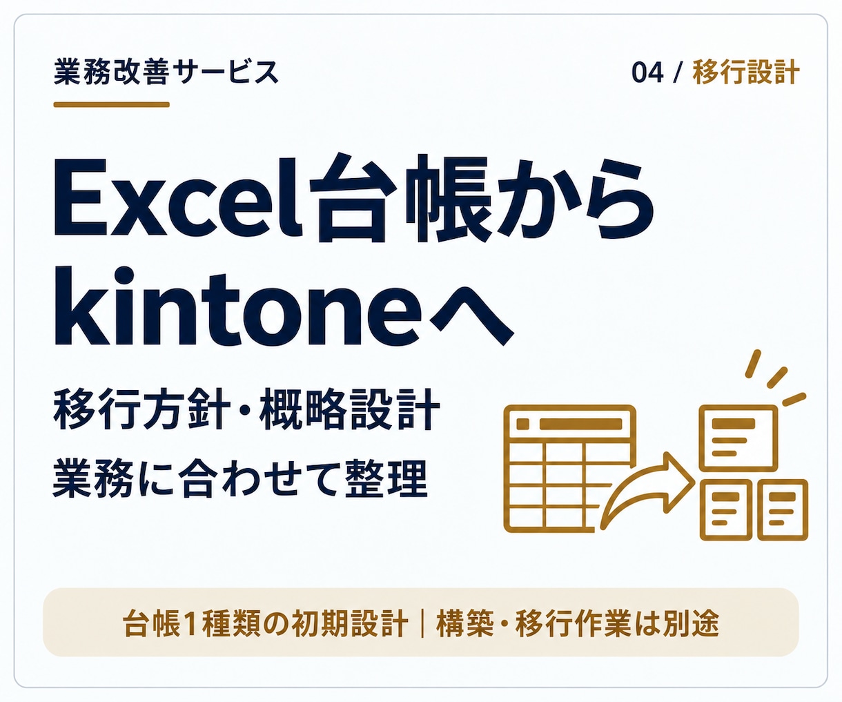 Excel業務のkintone移行を設計します 台帳１種類の移行方針と構成案。構築・データ移行は別途 イメージ1