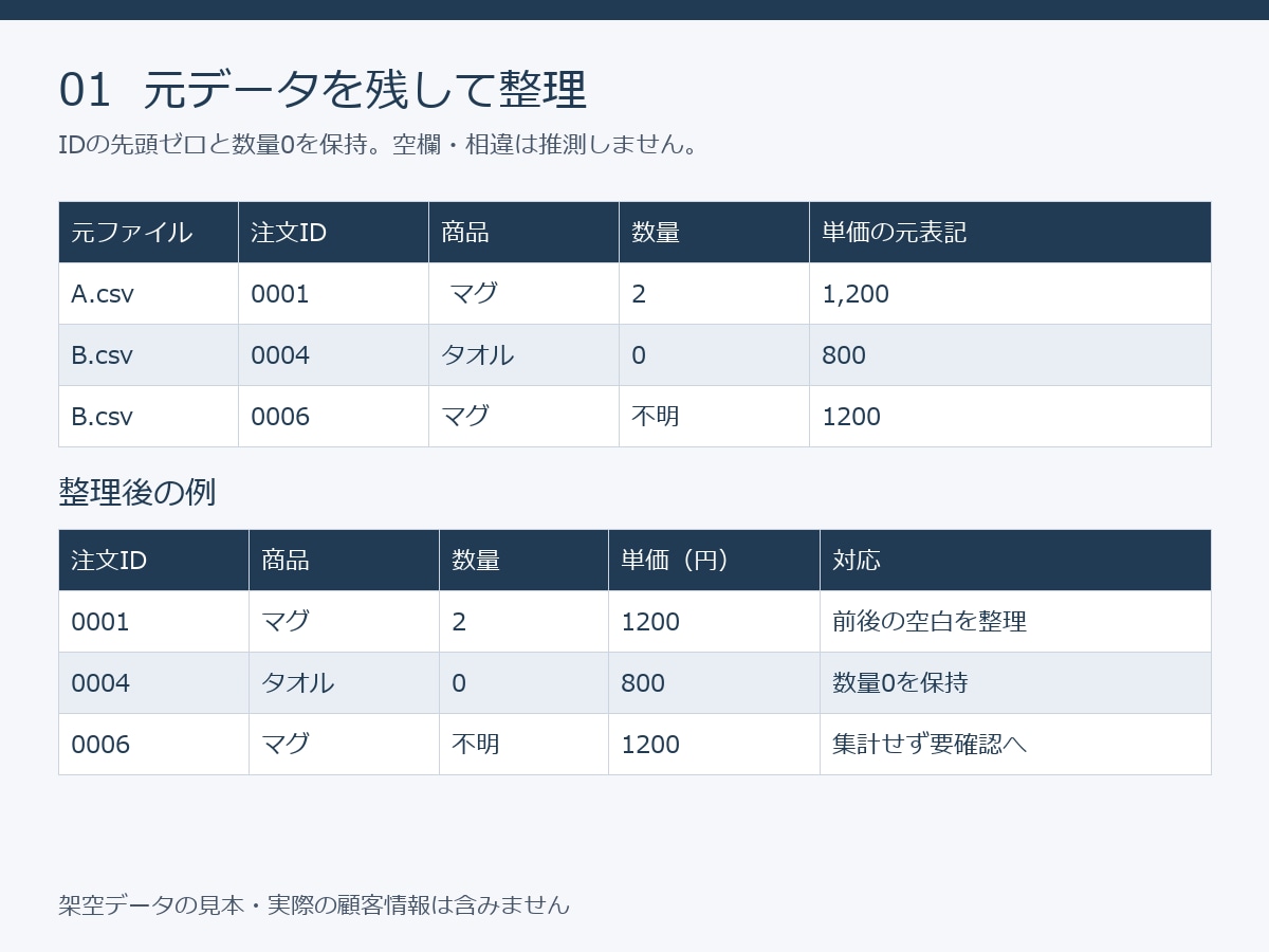 EC売上CSVを整理し商品別に集計します 元データを残し、集計表と要確認行をお返し イメージ2