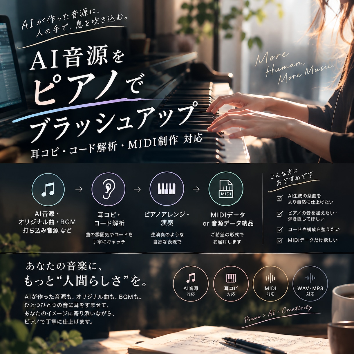 AIで作った曲を、人間らしいピアノ演奏に仕上げます AI音源の雰囲気を耳で捉えピアノ演奏・アレンジ・MIDI制作 イメージ1