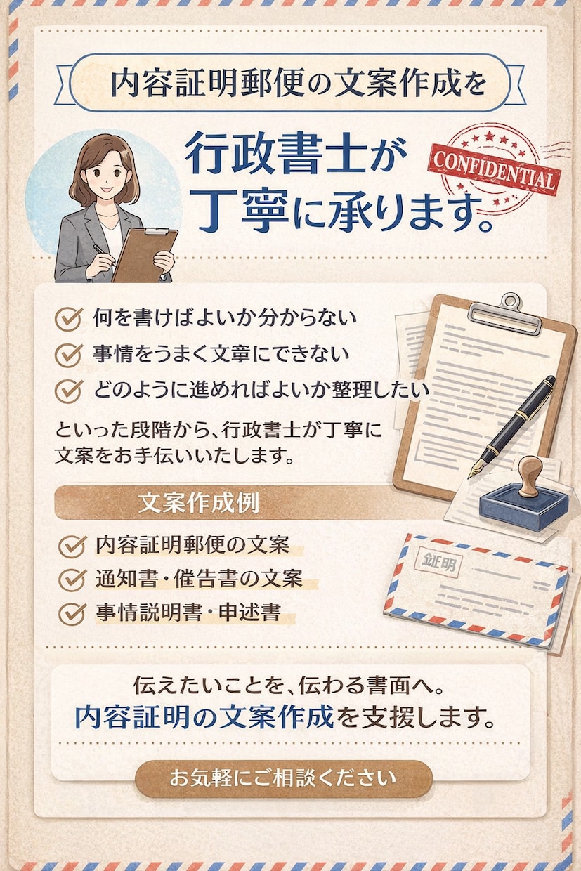 内容証明郵便の文案作成を行政書士が丁寧に承ります 内容証明にしたいお気持ちや事情を行政書士が丁寧に文案化します イメージ1
