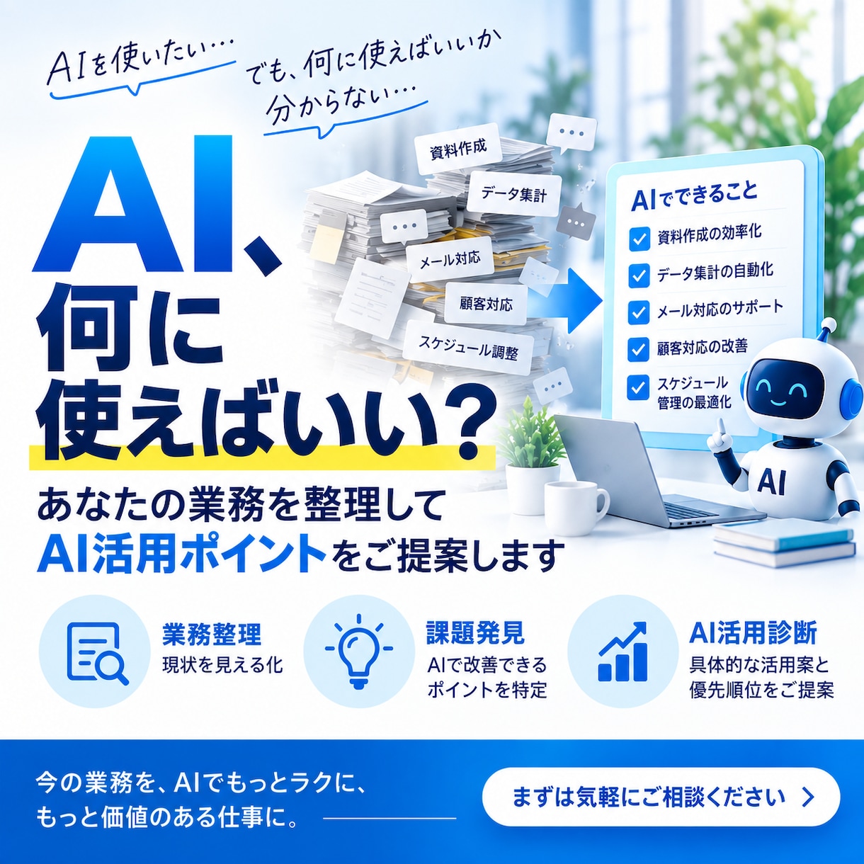 AIで効率化できる業務を整理してご提案します あなたの業務を整理し、AIで効率化できるポイントを見つけます イメージ1