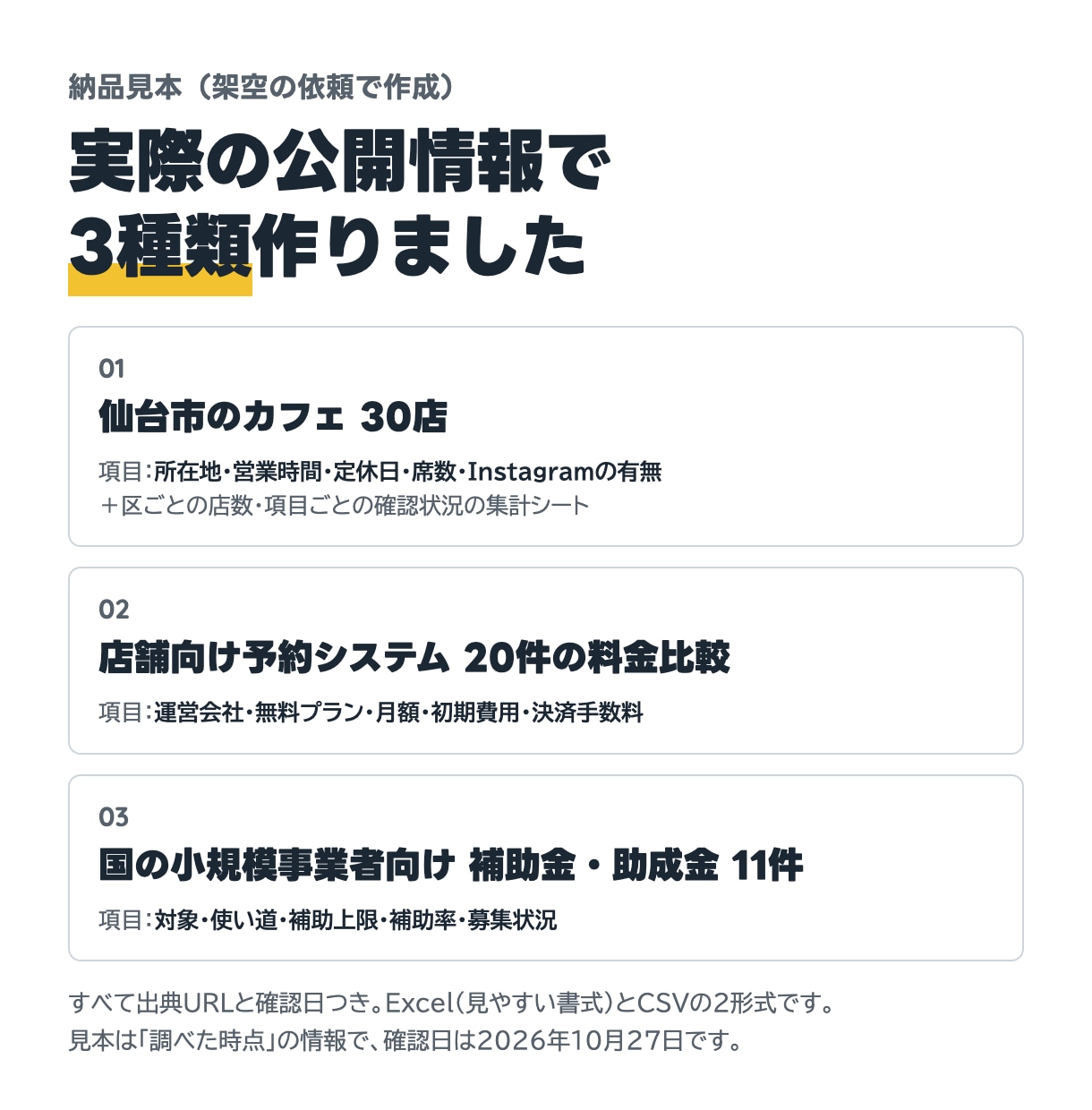 公開情報を調べてExcelの一覧にまとめます 30件3,000円〜｜出典URL・確認日つきで納品 イメージ3