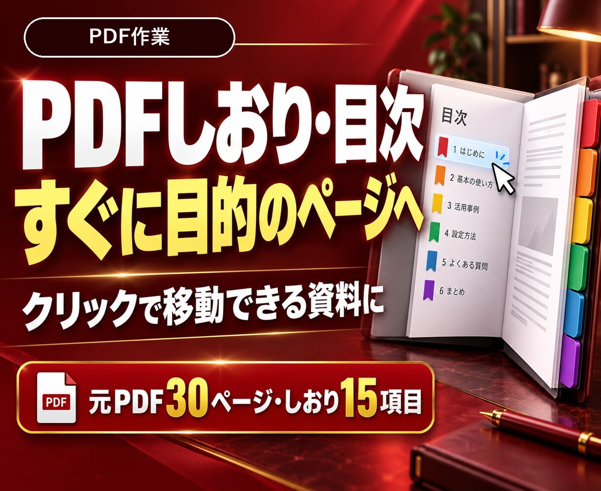 PDFにしおり・リンク付き目次を作ります 30ページ・15項目まで｜クリックで目的のページへ イメージ1