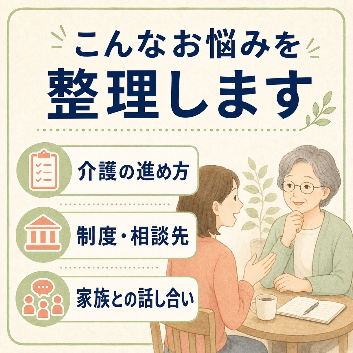 家族介護の悩みをチャットで整理します 社会福祉士が不安と次にすることを整理 イメージ1