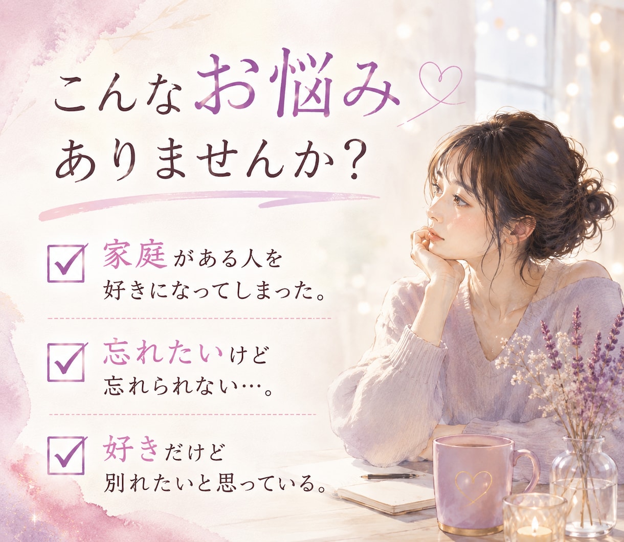 彼の気持ち｜不倫・浮気の恋に隠れた本音を霊視します 曖昧な関係だからこそ見えない本音を霊視し恋の迷いを紐解きます イメージ2