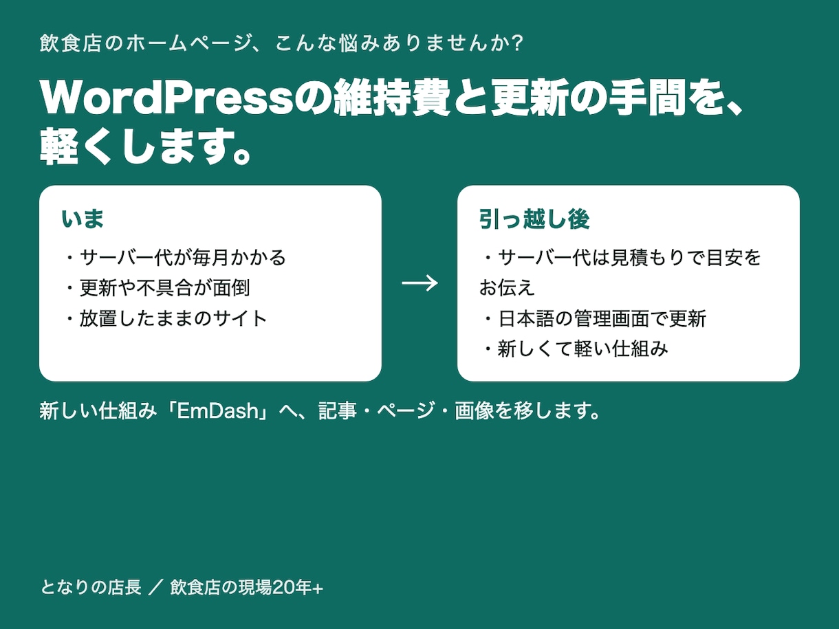 飲食店のWordPressサイトを引っ越します 維持費と更新の手間を軽く。現場を知る人が引っ越します イメージ1