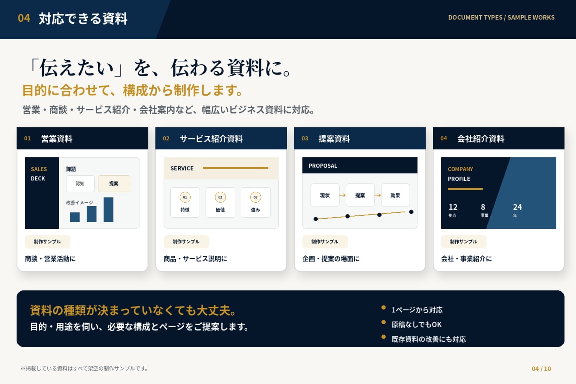 原稿なしでも営業資料を構成から丸ごと作成します 会社URLから調査・訴求設計・文章・デザインまで一貫対応 イメージ4