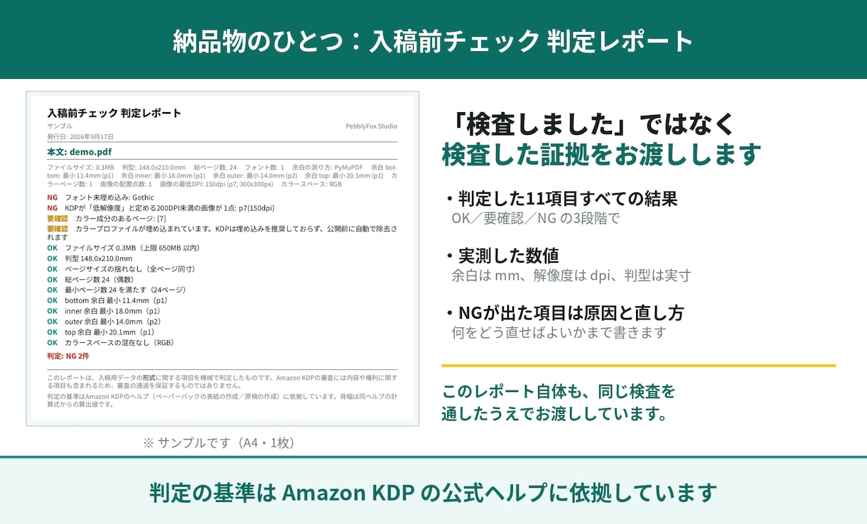 Kindleペーパーバックの入稿PDFを検査します 入稿で弾かれる原因を13項目、機械で判定します イメージ2