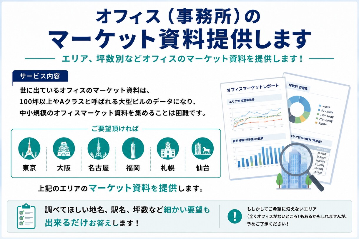 オフィス（事務所）のマーケット資料提供します エリア、坪数別などオフィスのマーケット資料を提供します！ イメージ1
