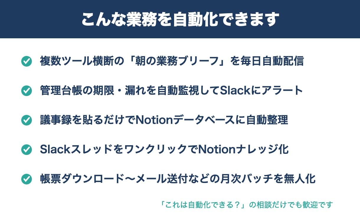 AIでNotion×Slack業務を自動化します 毎朝30分の「状況整理」、AIに任せませんか？ イメージ2