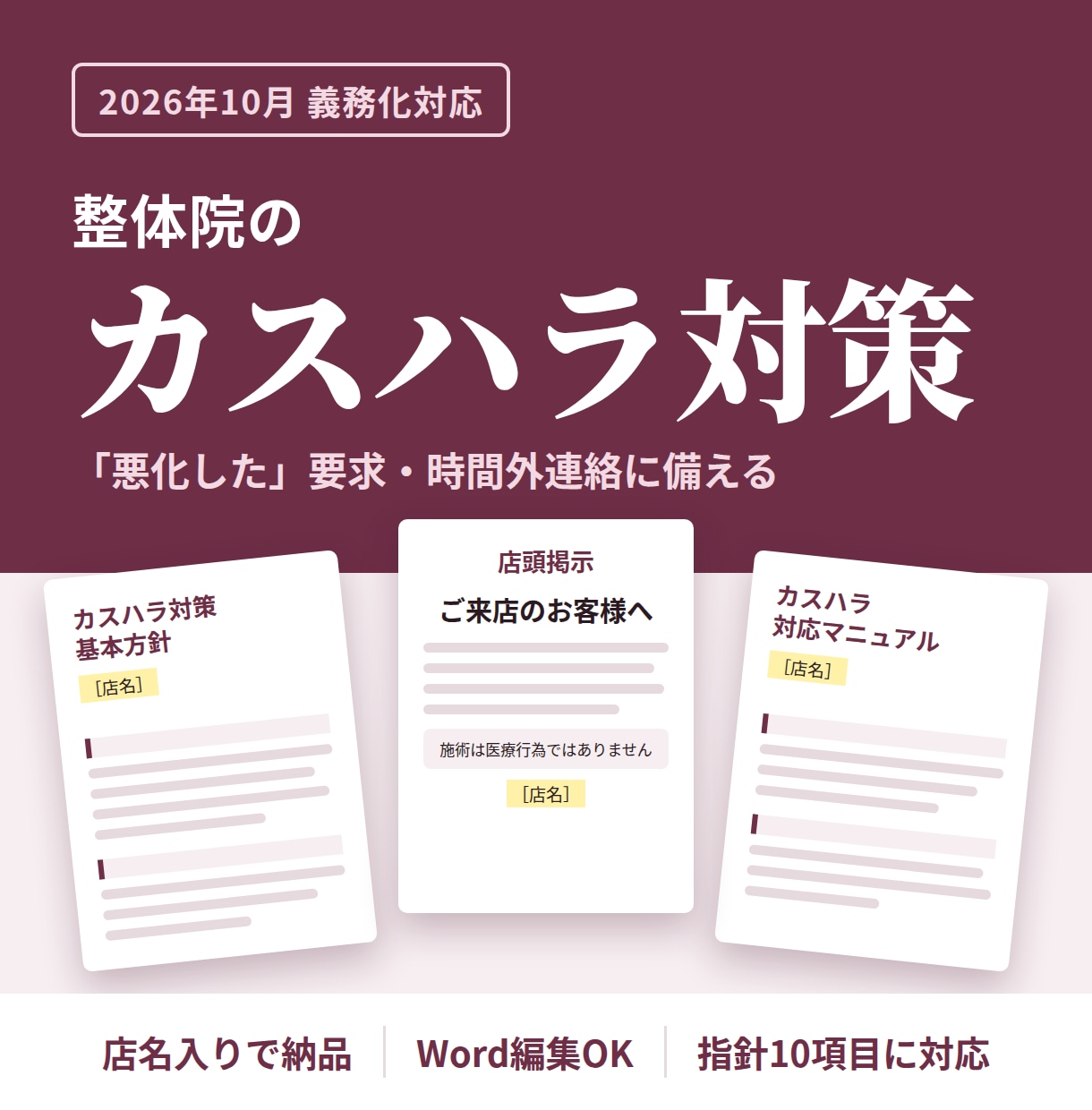 整体院向けカスハラ対策の書類を一式作ります 「悪化した」要求・時間外連絡に備える｜10月義務化対応 イメージ1