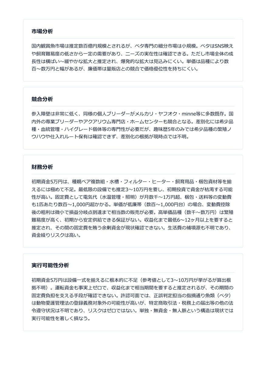 AI取締役会が事業案を徹底分析します 事業を分析し、客観的な判断材料となるレポートを作成します。 イメージ5