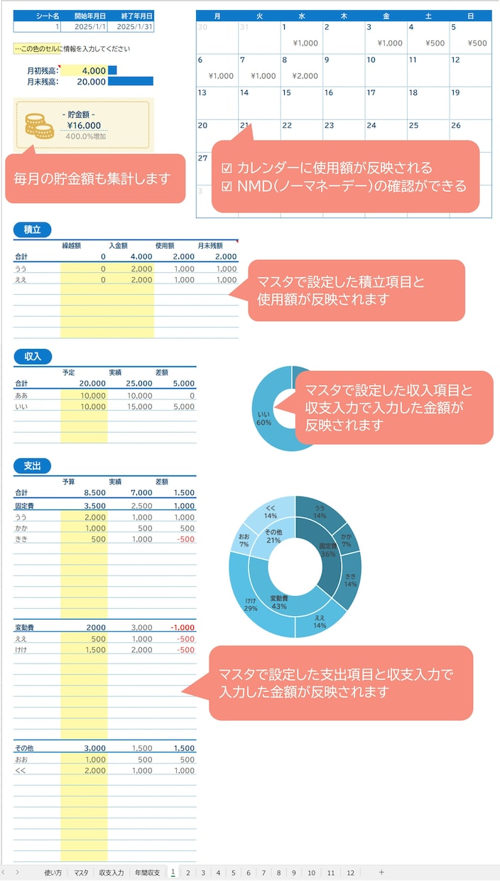 Excel家計簿≫開始年月日が設定できます クレカ使用しない方向け｜ずーと使える｜収支入力らくらく イメージ6