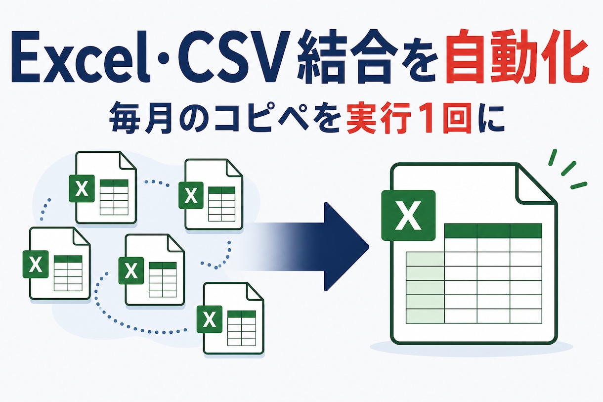Excel・CSV結合を自動化します 毎月のコピペ集計を実行1回に｜あなたのファイルに合わせ製作 イメージ1