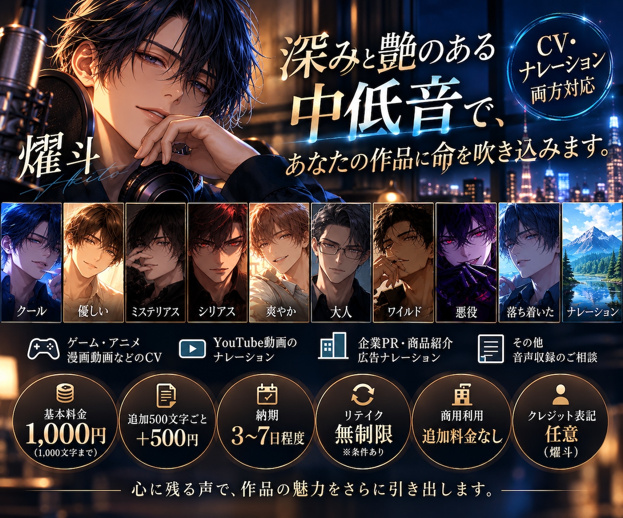 中低音でCV・ナレーションを収録します 深みと艶のある声で、作品に命を吹き込みます。 イメージ1