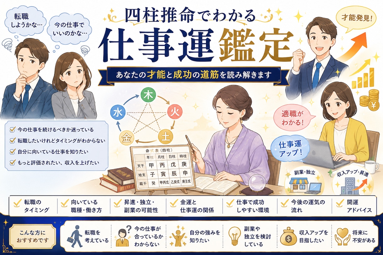 仕事運・転職・適職　才能と成功の道筋を鑑定します 【転職・適職】あなたの才能と成功運を四柱推命で鑑定 イメージ1