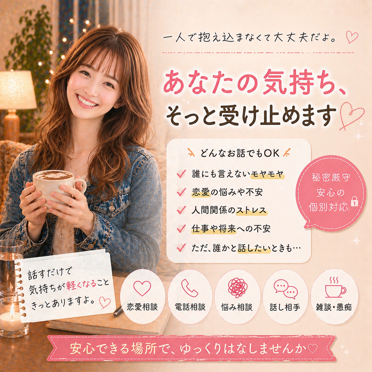 今すぐ電話OK♡なんでも相談・愚痴・話相手なります ・恋愛相談・電話相談・不安・話し相手・雑談・愚痴 イメージ4
